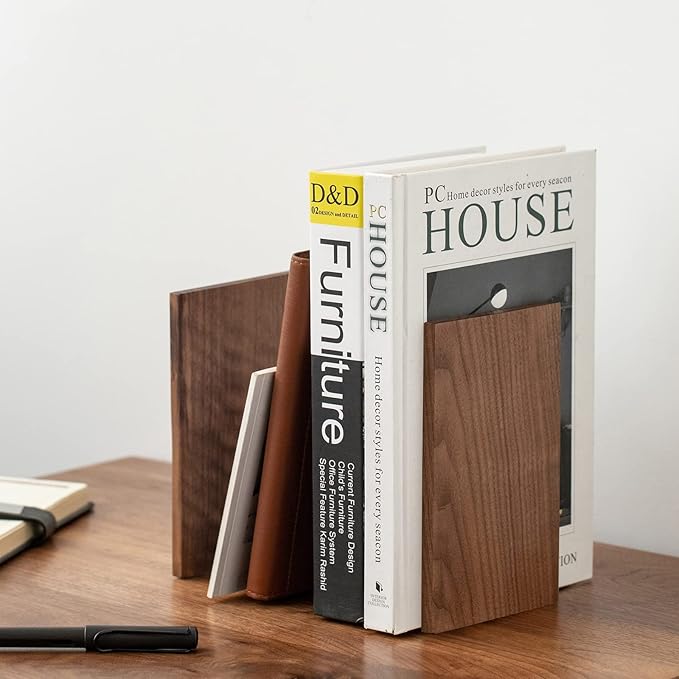 Muso Wood Handmade Walnut Book Ends, Non-Skid Bookends for Shelves, Large Sturdy Book Ends for Heavy Books, Decorative Book Shelf (3 Pairs)