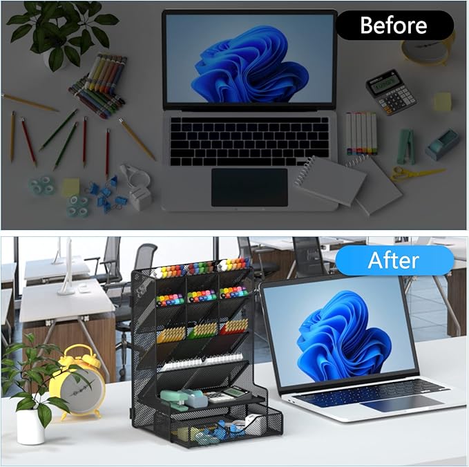 Pen Organizer for Desk, Multi-Functional Desk Organizer, Wall Mount Pen Holder with Drawer for School, Office, Home, Art Supplies, Black