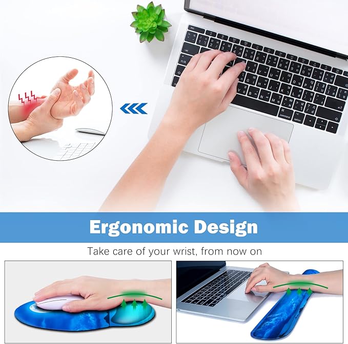 ARTSO Large Mouse Pad Set, Ergonomic Keyboard Wrist Rest Support, Memory Foam Gel Extended Non-Slip Desk Blotter Pad for Office, Home, Moon Blue Sea