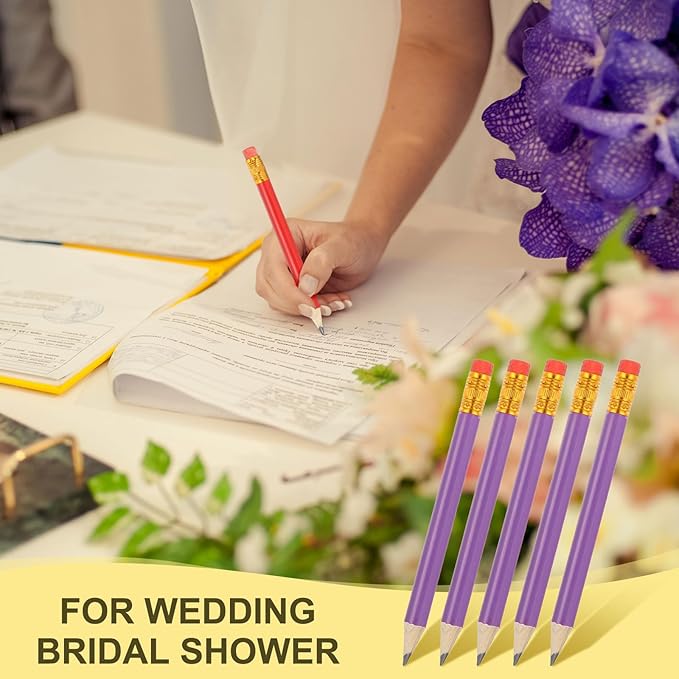 MECCANIXITY Golf Pencils with Erasers, 4" HB Mini Half Pencils Pre Sharpened Small Pens for Wedding Bridal Shower Game Office Writing Drawing(Purple, Pack of 50)