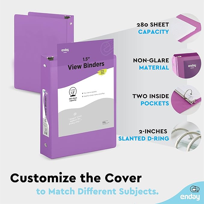 3 Ring Binder 1.5 Inch Purple, 1 ½ inch Binder Clear View Cover with 2 Inside Pockets, Colored School Supplies Office and Home – by Enday