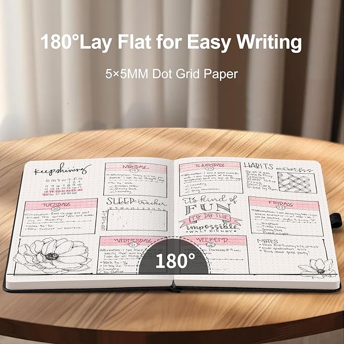 AHGXG Bullet Dotted Journal - 150 GSM Dot Grid Notebook Journal, Thick Acid-Free Paper, A5 Dotted Notebook 128 Pages, Leather Hardcover, Inner Pocket, Journal Stencil, 5.7'' × 8.3'' - Black