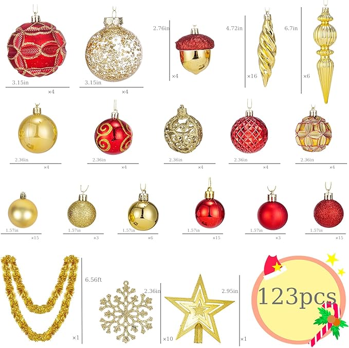 123pcs Christmas Ball Ornaments Set, Shatterproof Plastic Balls for Classic Xmas Decorations, Hanging Ornaments for Christmas Tree, Holiday, Bridal, Home Party, Gold and Red