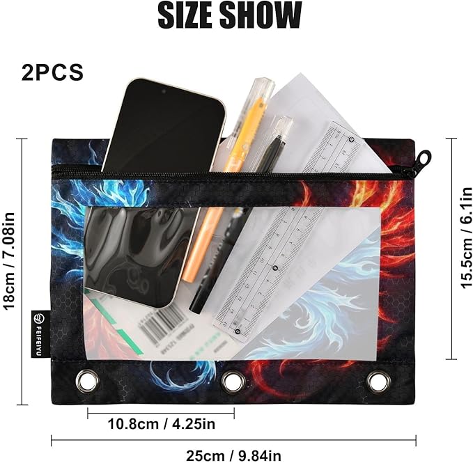Dragon Phoenix Pencil Pouch for 3 Ring Binder, 2 Pack Waterproof Pencil Bags Clear Window Zipper School Office Supplies