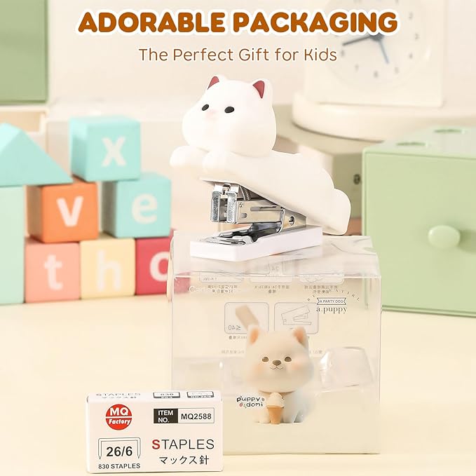 Honagu Mini Cute Animal Stapler with Staples, Cartoon Stereoscopic Silicone (PVC) Stapler, Labor-Saving Office Supplies for Teachers, Students,Girls,Gift Stocking Stuffers for Kids(White Puppy)