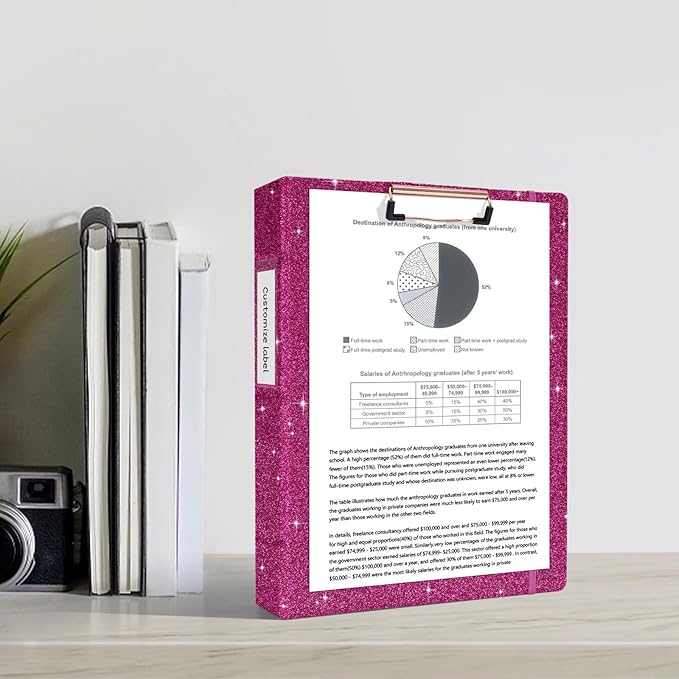 Ospelelf 3 Ring Binder 1 Inch, Vintage Leather Clipboard Binders, Binder Organizer Dividers with Tabs for Letter Size, Professional Office Portfolio, Glitter Pink