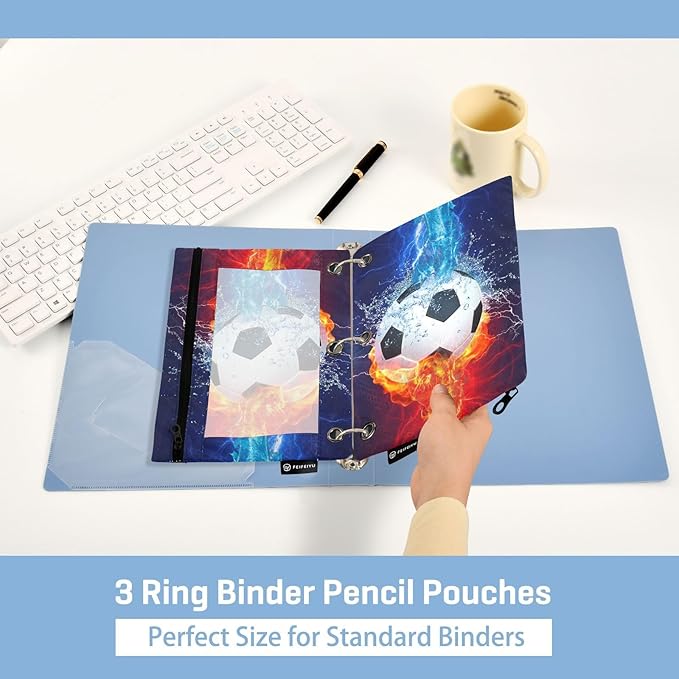 ZAZYXTJ Soccer Binder Pencil Pouchs 3 Ring with Zipper Clear Window Office Organizers bag for School Students Teacher Supplies 2 Pack