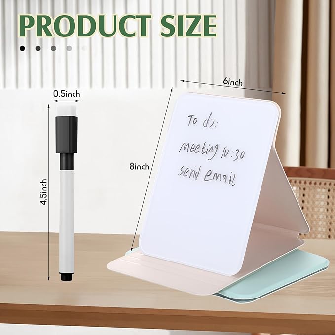 2 Pcs Small Glass Desktop Whiteboard with Reversable Stand 8 x 6 Inch Mini Dry Erase White Board Easel with 2 Markers Reusable Desk Notepad for Home Office School Supplies(White, Green)