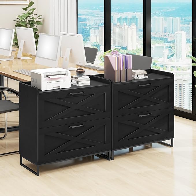 Lateral File Cabinet with Charging Station, 2 Drawer File Cabinet for Letter/Legal/A4 Size Hanging Files, Large Wood File Storage Cabinets Printer Stand for Home Office, Black