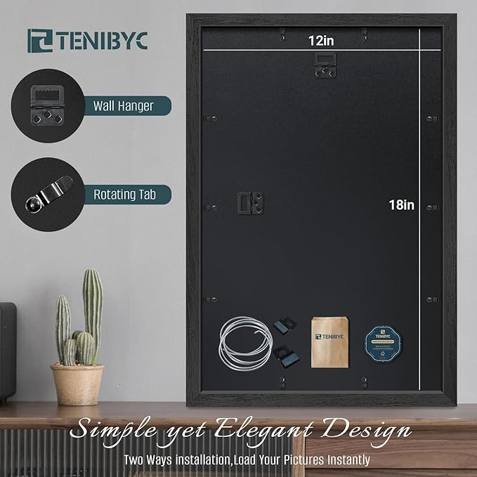 12x18 Poster Frames Set - 3 Pack - Black Solid Wood Picture Frame - Tempered Glass - Exclusive Woodgrain - Rooms, Offices, Gallery, Studio, and Hallway, Wall Display Decor