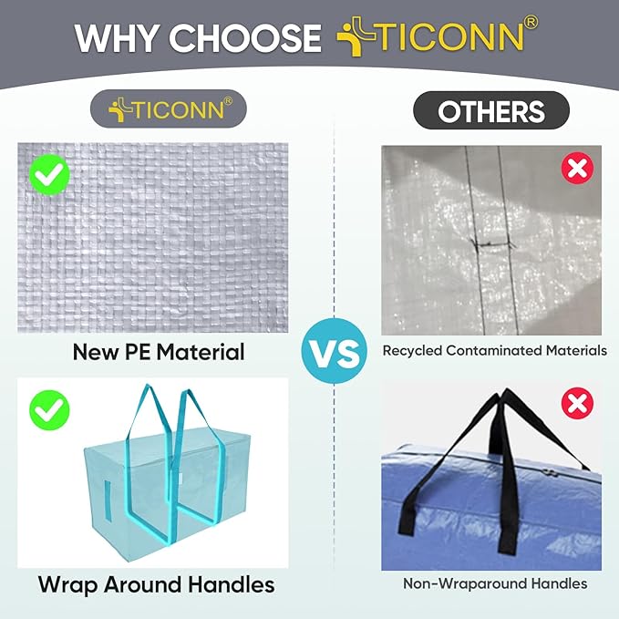 TICONN 4 Pack Extra Large Moving Bags with Zippers & Carrying Handles, Heavy-Duty Storage Tote Moving Boxes for Space Saving (4 Pack, Aqua)