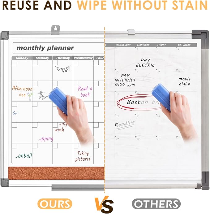 MAKELLO Dry Erase Calendar for Wall 24x18 in, Whiteboard Calendard with Cork Board for Office, Home, School, Family, Kitchen and Bedroom