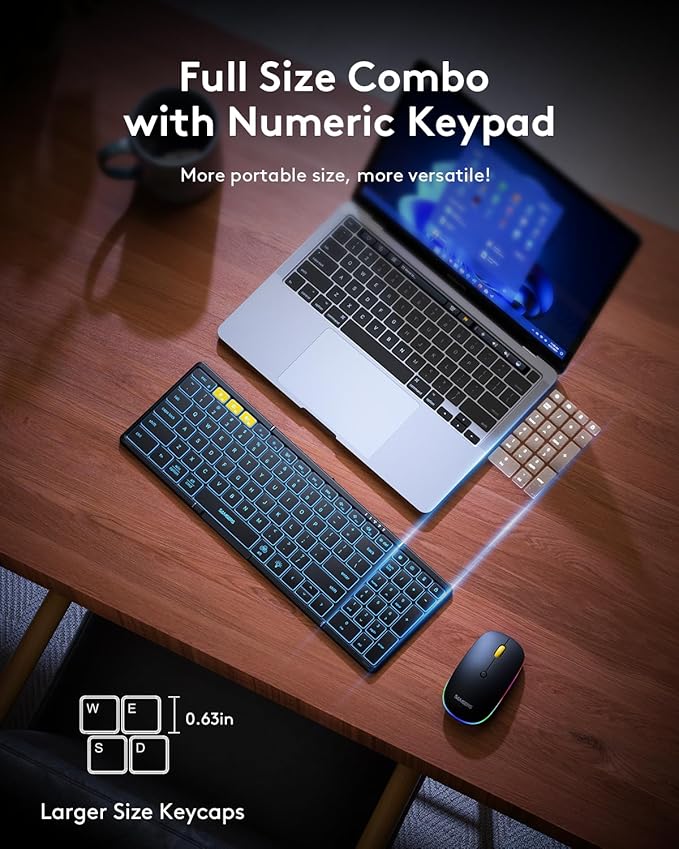 Samsers Foldable Keyboard and Mouse, Folding Bluetooth Keyboard Mouse Combo with Backlight, 2.4G + BT5.0 x 2, Full-Size Travel Keyboard & Portable Wireless Mouse for Windows/Android/iOS/Mac OS, Black