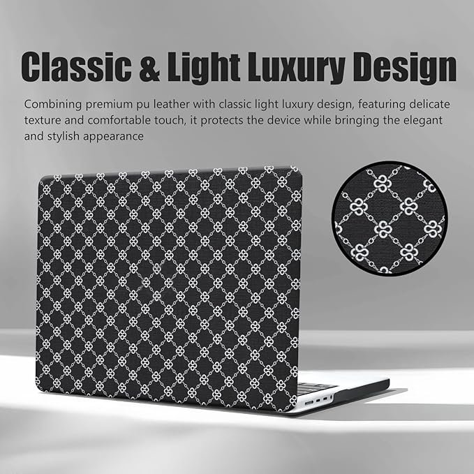DTangLsm Compatible with MacBook Air 13 inch Case 2025-2022 M4 M3 M2 A3240 A3113 A2681, Luxury Checkered Textured Vintage Leather Retro Hard Shell Case for MacBook Air 13.6 inch + Keyboard Cover,Black