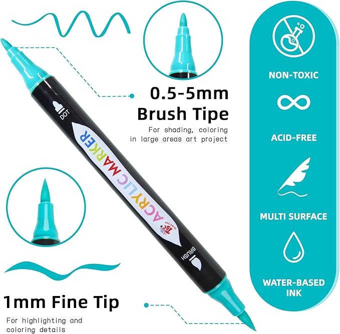 TBC The Best Crafts 72 Colors Dual Tip Acrylic Paint Markers, Double zipper design Topgrade Canvas bag,Waterproof, Non-Toxic, odorless, Suitable for Paper,Pottery, Stones, Glass,outdoor painting