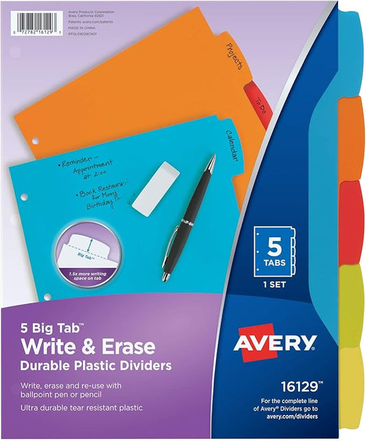 Avery Big Tab Write & Erase Durable Plastic Dividers for 3 Ring Binders, 5-Tab Sets, Bright Multicolor, 24 Sets, 120 Divider Tabs (16129)