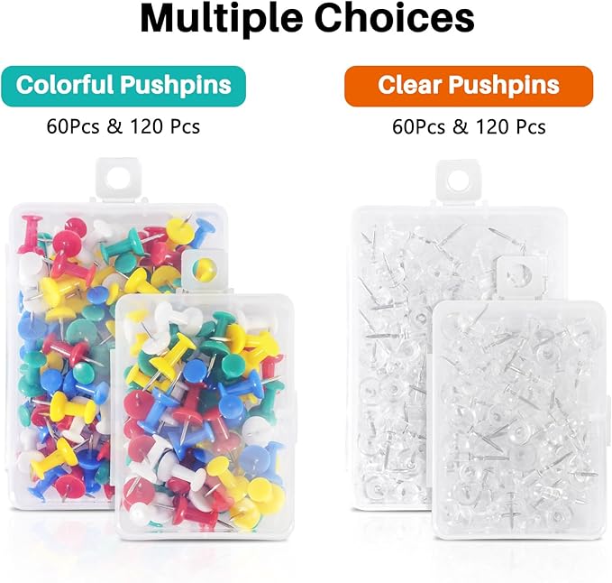120Pcs Push Pins for Bulletin Board, Thumb Tacks for Cork Board, Clear Plastic Head, Steel Tip, Thumbtacks for Wall Poster Photo Maps Pictures Office Home Decor