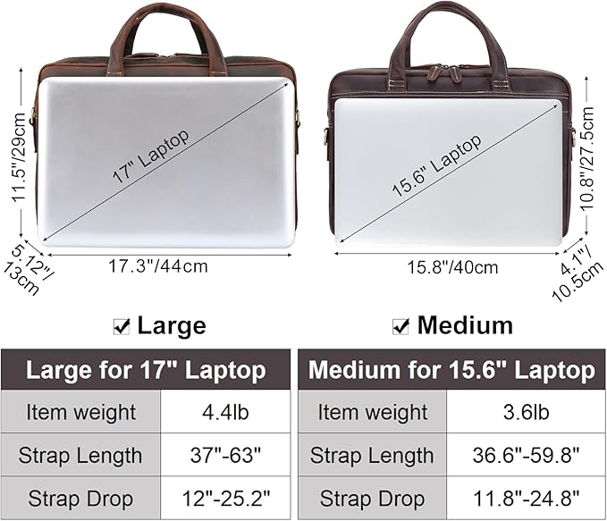 Masa Kawa Leather Briefcase for Men 15.6" - 17" Laptop Computer Case Business Travel Work Messenger Cross Body Shoulder Bag