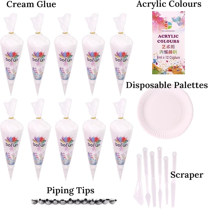 BoFUN Decoden Simulation Cream Glue DIY Coloring Kit - Includes Whipped Cream Clay, Acrylic Paints, Palettes, Scraper Set - Customize Colors for Phone Cases, Jewelry & Crafts (Blue/Red/White)