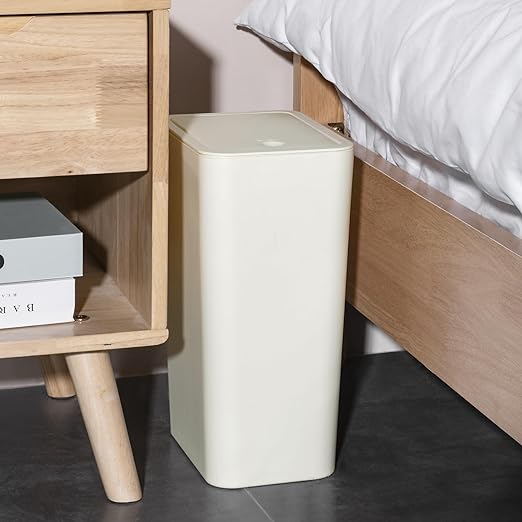 TrashAid 2 Pack Bathroom Trash Can with Lid, 2.6 Gallon / 10 Liter Small Garbage Can with Press Top Lid, Plastic Wastebasket with Pop-up Lids for Toilet, Office, Bedroom, Living Room, White