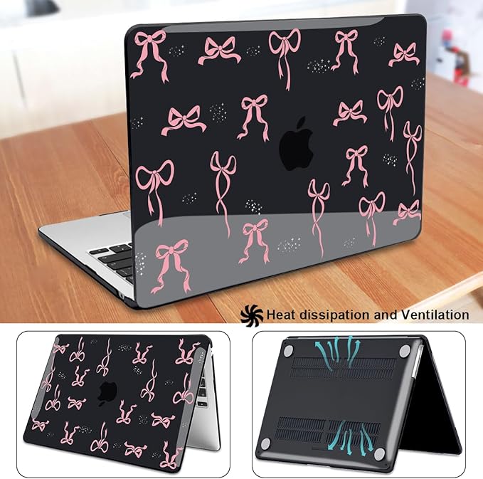 Case for MacBook Air 13.6 inch 2025 2024 2023 2022 M2 M3 M4 Chip Model A3240 A3113 A2681 with Touch ID, Pattern Plastic Hard Shell Cover for MacBook Air 13.6 M4 2025, Pink Bowknot Black