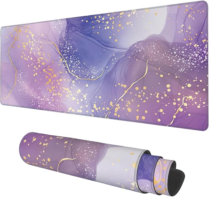 Desk Mat, Purple Rose and Lavender Liquid Marble Extended Gaming Mouse Pad Large, 31.5"x11.8" Big Mouse Pad with Non-Slip Base and Stitched Edge, Long Computer Keyboard Mouse Mat for Home Office Work