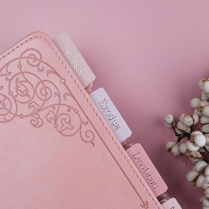 UPAFEXXI-Laminated Bible Tabs (Rose Gold Foil Embossed Lettering), Bible Tabs for Women and Men, Reposition Large Print Stickers, Easy to Read and Apply, 80 Chapters Labels for Easy Navigation(Pink)
