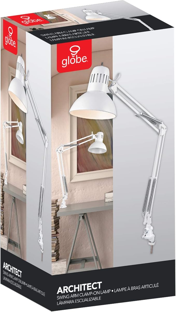 GLOBE Electric 52847 31.5 Inch Swing Arm Clamp-On White Desk Lamp with Nickel Accents, On/Off Rotary Switch, Book Reading Light, Home Essentials, Office Décor, LED Bulb Compatible (Pack of 6)