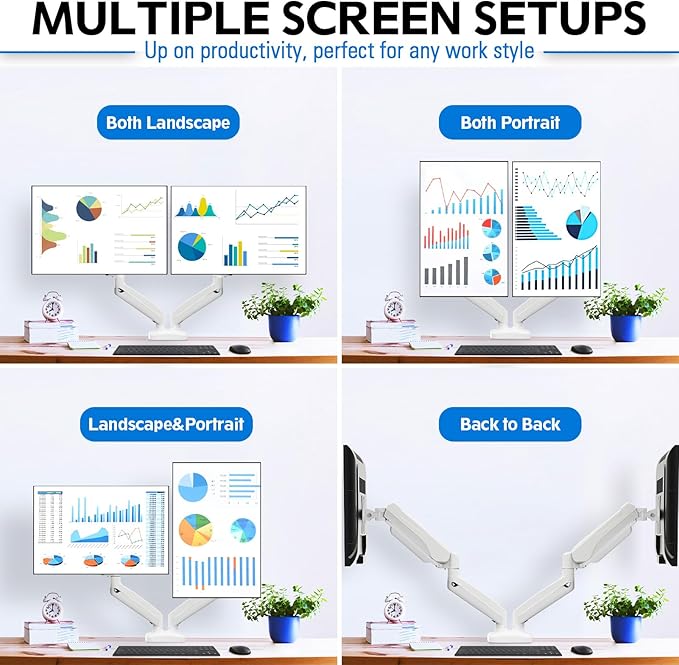 MOUNTUP Dual Monitor Stand for Desk, Pneumatic Monitor Arms for 2 Monitors Max 32 Inches, Height Adjustable Double Monitor Mount, VESA Mounts with C-Clamp & Grommet Base, Holds 4.4-17.6lbs, White