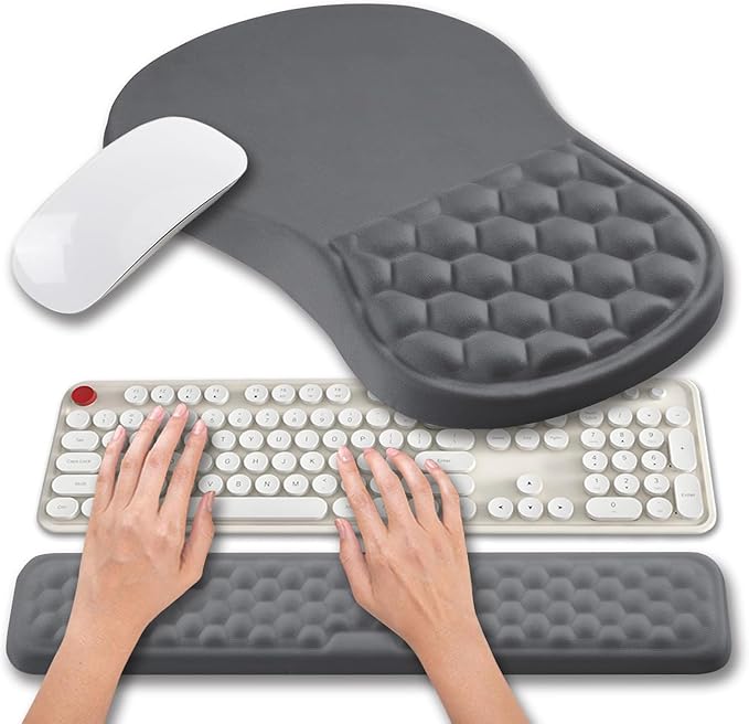 Hokafenle 2 in 1 Ergonomic Mouse Pad Wrist Support & Wrist Rest for Computer Keyboard Set, with Relieve Carpal Tunnel Pain Massage Bulge and Full Memory Gel Design (2In1 Set, Dark Gray)