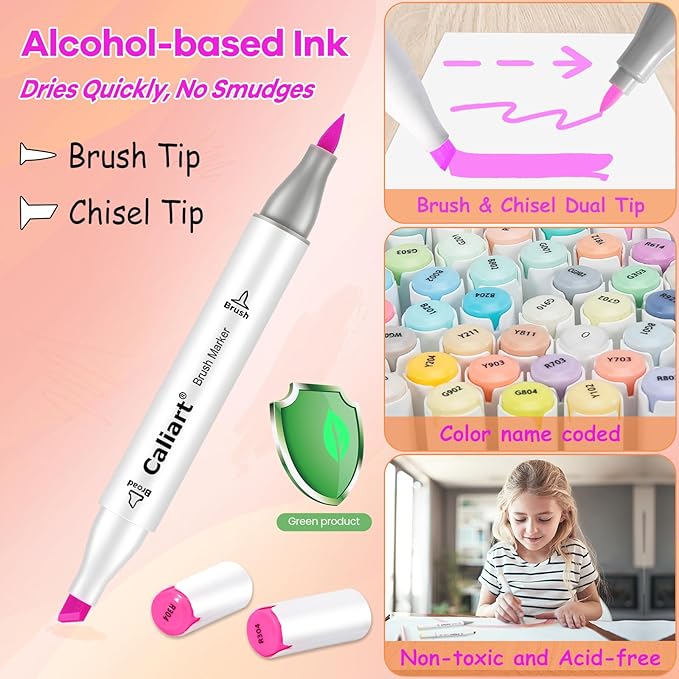 Caliart 101 Colors Alcohol Markers Brush Tip & Chisel, Dual Tip Art Markers Set for Adults Artists Sketch Illustration Coloring Book, Permanent Colored Drawing Pen Art Supplies Christmas Gifts