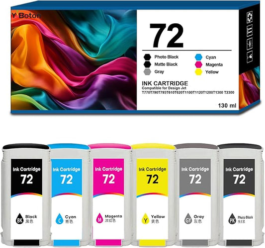High Yield 72 Ink Cartridges C9403A C9370A C9371A C9372A C9373A C9374A Replacement for HP 72 Ink Cartridges for T770 T790 T795 T610 T620 T1100 T1120 T1200 T1300 T2300 Printers Ink(6 Pack, 130ML)