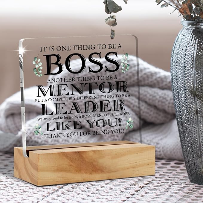 Appreciation Boss Gifts for Men & Women - Acrylic Desk Plaque Sign with Wood Stand for Home Office