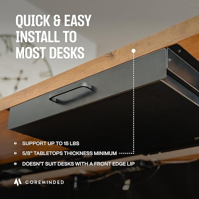 Storage Drawer - Carbon Steel Underdesk Drawer Slide Out, 17.7 x 12 x 4 in, Matte Black - Premium Quality, Ergonomic Organization, Cable Management, Versatile Sizes, Luxe Extras