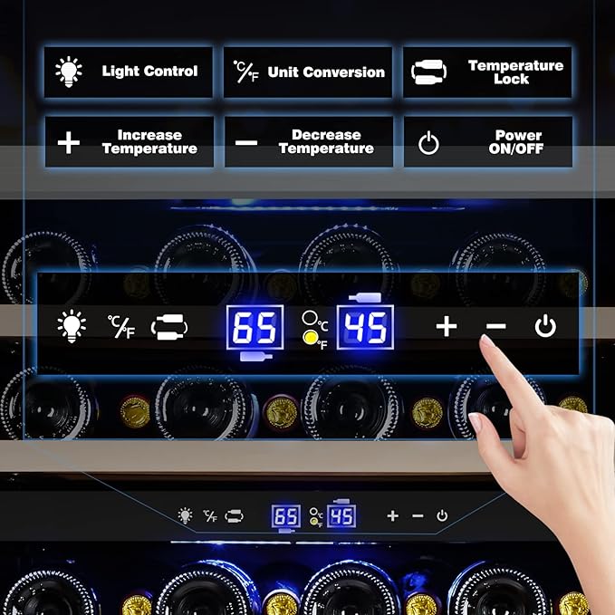 Tylza 24 Inch Dual Zone Wine Cooler Refrigerator, 46 Bottle Built-in or Freestanding, 24'' Wine Fridge with Stainless Steel & Professional Compressor and Temperature Memory Function