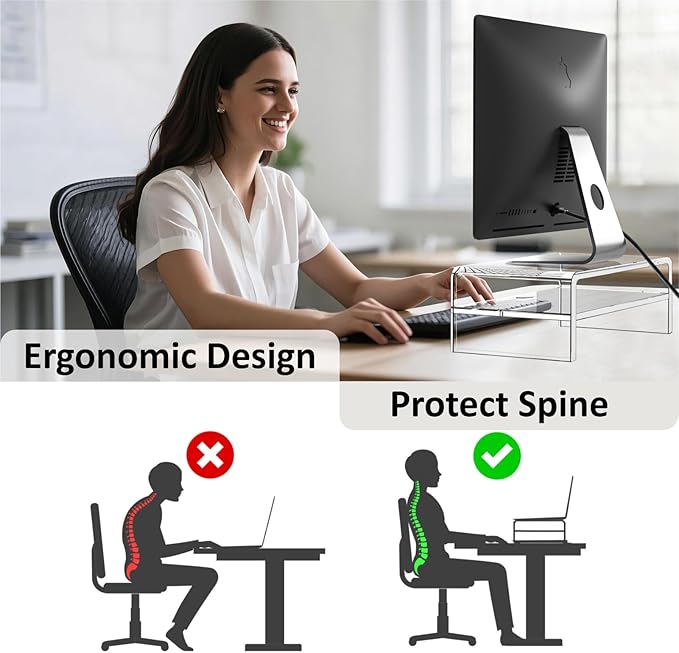 Acrylic Monitor Stand, 2 Tiers Clear Monitor Riser Computer Stand for Office, Home, Office, 5.12 Inches Hight PC Desk Stand for Keyboard Storage, Premium Platform for Laptop Printer TV Screen