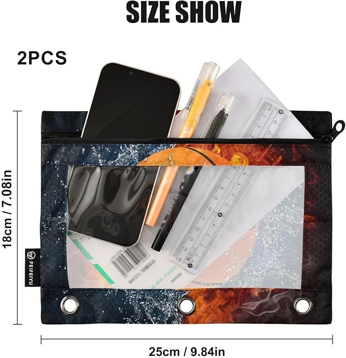 Basketball Ball Pencil Pouch for 3 Ring Binder, 2 Pack Waterproof Pencil Bags Clear Window Pencil Case Zipper School School Office Supplies