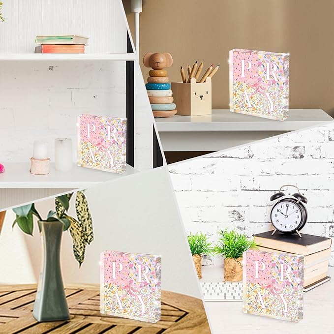 Appreciation Gifts, Pink Bow Christian Gifts for Women, Pink Office Home Decor for Women, Flowers Desk Decorations for Office- Pray- Christian Desk Plaque- Pray-Bible Verse Decoration