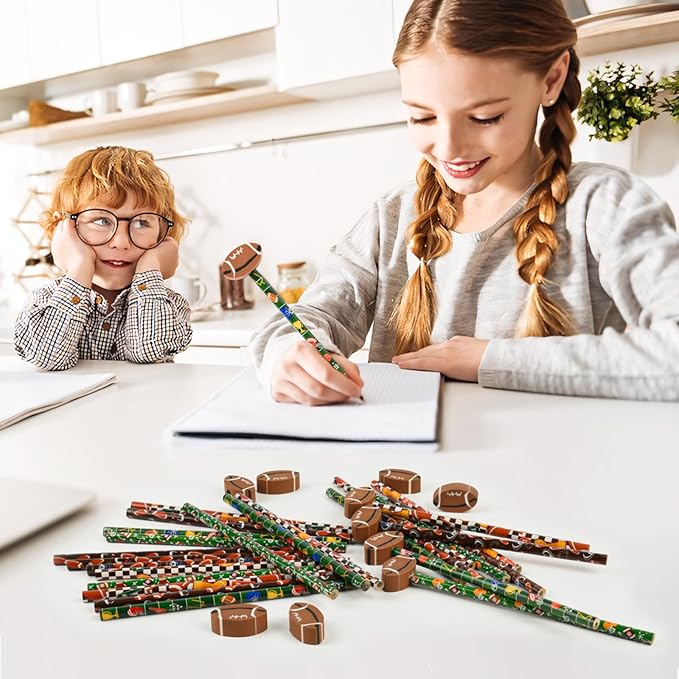 48 Pcs Football Pencils and Erasers for Football Theme Birthday Gifts Assortment Stationery Pencils for Students Office School Classroom Supplies.