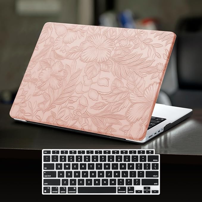 DTangLsm Compatible for MacBook Air 15 inch Case 2025 2024 2023 Release M4 M3 M2 A3241 A3114 A2941, Elegant Textured Retro Leather Case for MacBook Air M4 15 in + Keyboard Cover, Pink Embossed Floral