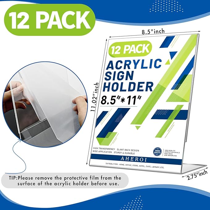Aheroi 12 PCS Acrylic Sign Display Stands - 8.5 x 11, Clear Plastic Sign Holders for Paper Displays, Home Office Supplies