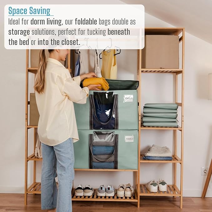 VENO 4 Pack Moving Bags, Moving Supplies, Moving Boxes, College Packing Storage Boxes with Lids Alternative, Heavy Duty Totes, Extra Large, Sturdy Handles, Zipper (Light Green with Window, 4 Pack)