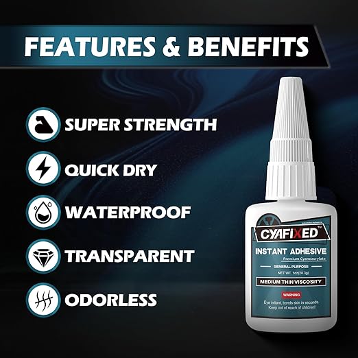 Super Glue Liquid, Instant Clear Cyanoacrylate Medium Thin Viscosity Adhesive, Food Safe CA Glue for Shoe Repair Leather Ceramic Plastic Glass Metal Wood Aquarium Porcelain Rubber Pottery Model Craft