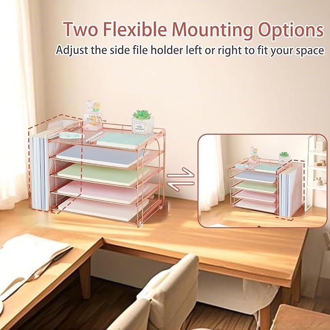 AUPSEN Rose Gold Desk Accessories Organizer,5-Tier Desktop Paper File Organizer with Adjustable File Holder, Office Desk Accessories for Office Supplies
