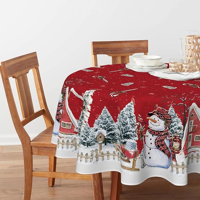 Horaldaily Christmas Tablecloth 70×70 Inch Round, Winter Snowman House Christmas Trees Red Washable Table Cover for Party Picnic Dinner Decor