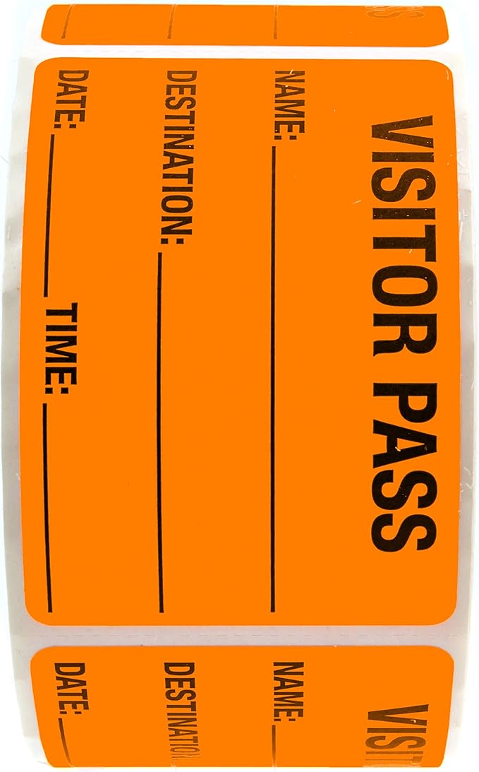 Orange Visitor Pass / 500 Fluorescent Orange Visitor Identification Stickers / 2" x 3" Rectangle Guest Badge Labels/Made in The USA
