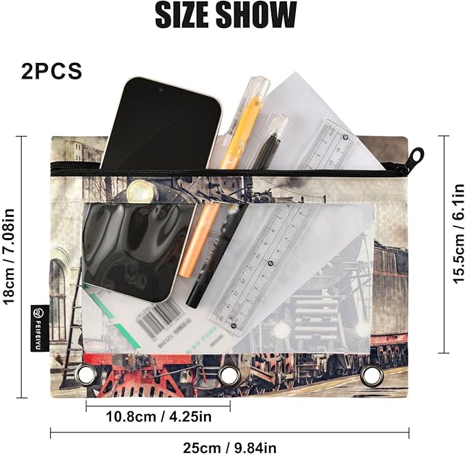 ZAZYXTJ Personalized Vintage Train Binder Pencil Pouchs 3 Ring with Zipper Clear Window Office Organizers bag for School Students Teacher Supplies 2 Pack