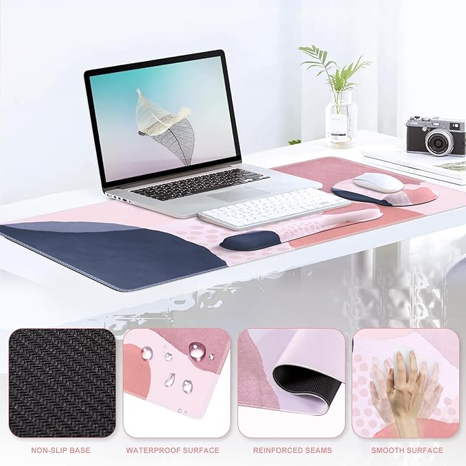 iCasso Desk Mat, Gaming Mouse Pad Wrist Support Set, XXL Large Mousepad + Keyboard Wrist Rest+Mouse Wrist Rest+Coastert with Ergonomic Design for Home Office Computer (C-Four-Pink-Block)