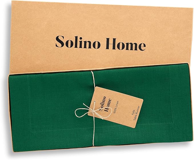 Solino Home Linen Table Runner 90 Inches Long - 100% Pure Linen Christmas Green Dining Table Runner 14 x 90 Inch - Fete