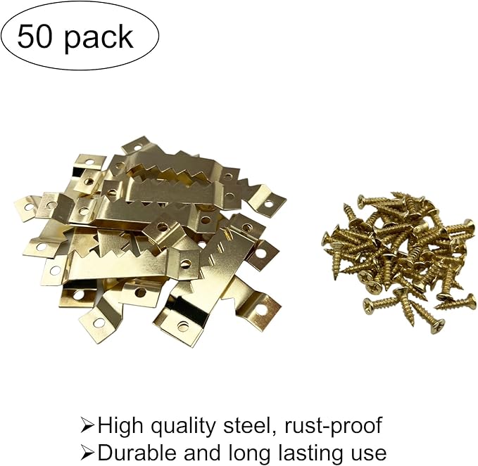 50 Pack Large Sawtooth Picture Hangers Steel Picture Hangers Picture Frames Hangers with Screws Picture Hang Solutions, for Hanging Clock Paintings Artwork Picture Frame Hook Photos (Gold)
